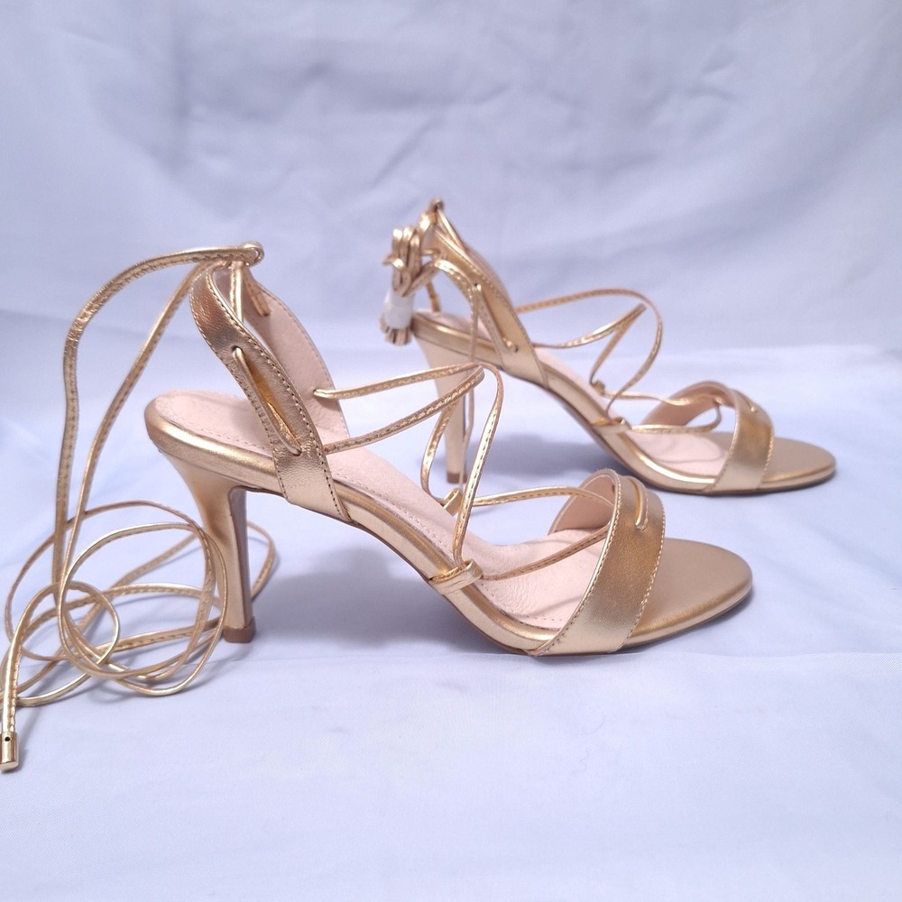 Barneys New York Shelia Lace Up Sandals Gold Metallic Leather Heels Sz 6 Strappy - Picture 3 of 10